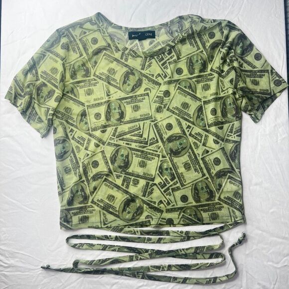 Social Scene Tops - Dollar Bill Shirt Cropped Baby‎ Tee Mesh Disco Benjamins Club Bartender Sheer